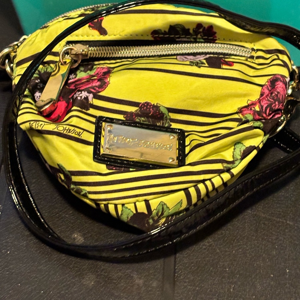 Betsy Johnson Black and Yellow Striped Floral Crossbody Mini Bag